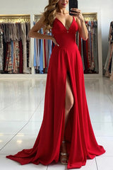 Red Satin Spaghetti Straps A-Line Long Prom Dress with Slit