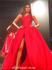 Red Satin Strapless High Slit A-line Formal Dresses, CP0665