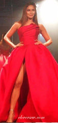 Red Satin Strapless High Slit A-line Formal Dresses, CP0665