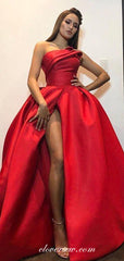 Red Satin Strapless High Slit A-line Formal Dresses, CP0665