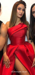 Red Satin Strapless High Slit A-line Formal Dresses, CP0665