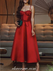 Red Satin Sweetheart A-line Ankle Length Popular Prom Dresses, CP0696