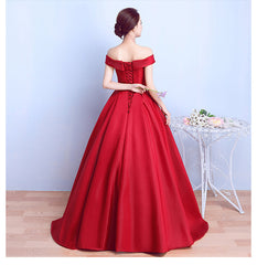 Red Satin Sweetheart Off Shoulder Long Formal Dress Evening Gown, Red Long Ball Gown Party Dress