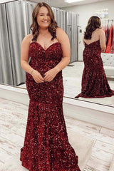 Burgundy Sequin Plus Size Prom Dresses Mermaid Feather Off the Shoulder Formal Dress