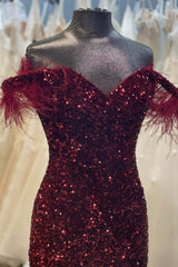 Burgundy Sequin Plus Size Prom Dresses Mermaid Feather Off the Shoulder Formal Dress