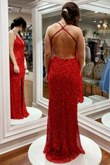 Red Sequins Evening Dress UK Criss Cross Back Long Formal Dress