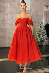 Red Shiny Glitter Tulle Off The Shoulder A-line Tea Length Prom Dresses, CP1084