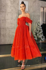 Red Shiny Glitter Tulle Off The Shoulder A-line Tea Length Prom Dresses, CP1084
