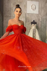 Red Shiny Glitter Tulle Off The Shoulder A-line Tea Length Prom Dresses, CP1084