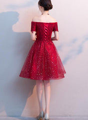 Red Shiny Tulle and Satin Off Shoulder Short Homecoming Dress, Red Prom Dress