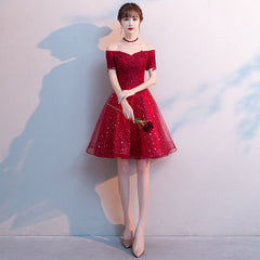 Red Shiny Tulle and Satin Off Shoulder Short Homecoming Dress, Red Prom Dress