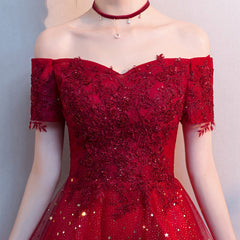 Red Shiny Tulle and Satin Off Shoulder Short Homecoming Dress, Red Prom Dress