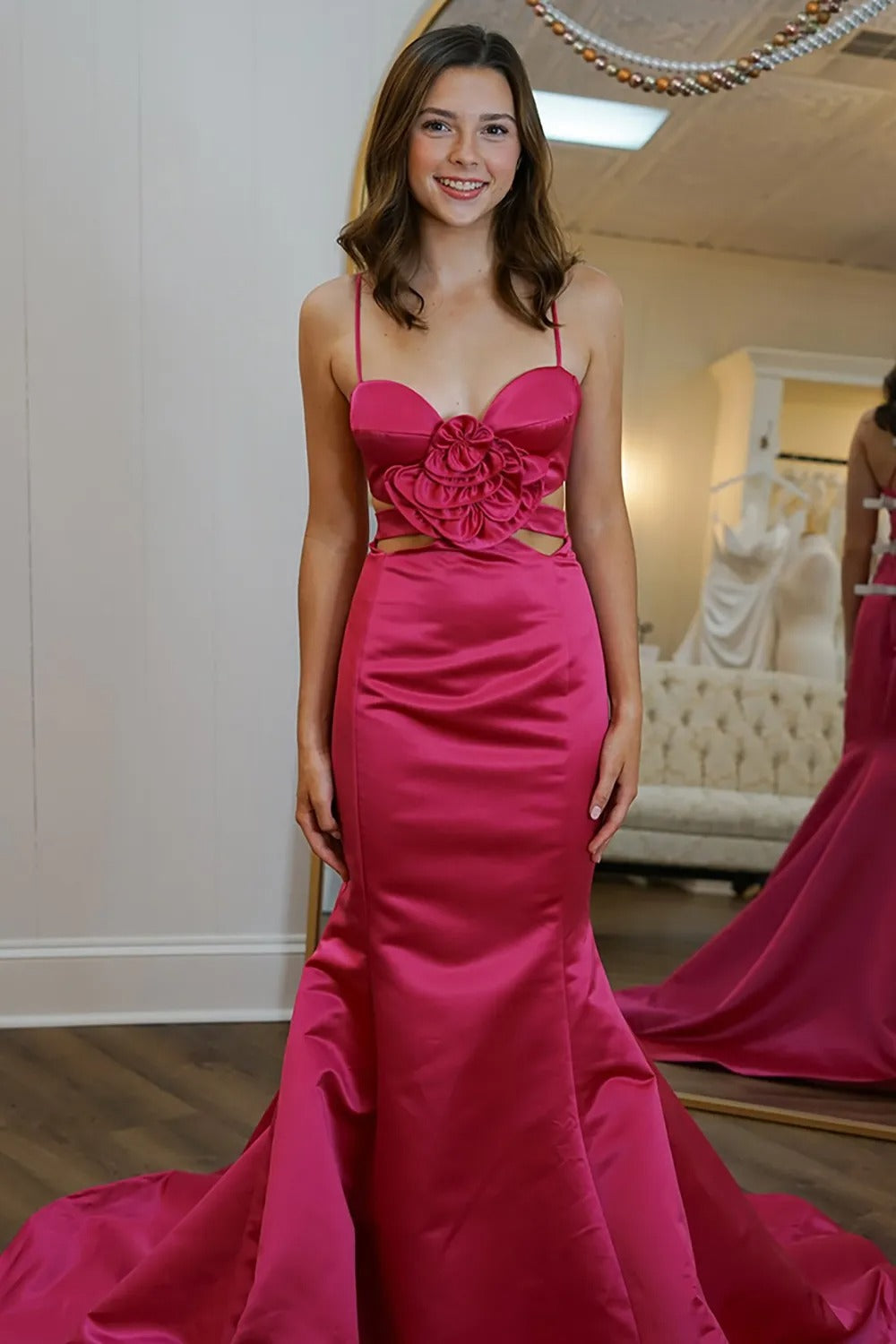 Red Spaghetti Straps Cut Out Mermaid Satin Long Prom Dress