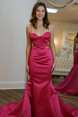 Red Spaghetti Straps Cut Out Mermaid Satin Long Prom Dress
