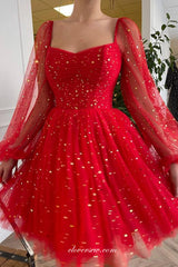 Red Star Tulle Long Sleeves Short Graduation Prom Dresses, CP0995