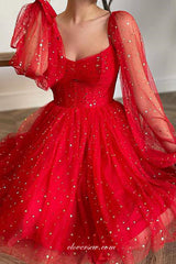Red Star Tulle Long Sleeves Short Graduation Prom Dresses, CP0995