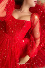 Red Star Tulle Long Sleeves Short Graduation Prom Dresses, CP0995