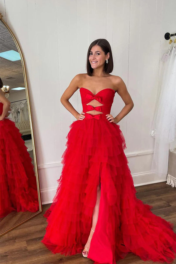 Red Strapless A-line Layers Bows Long Prom Dress with Slit TP1277