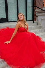 Red Straps Beaded A-Line Sparkly Prom Dress with Slit TP1276