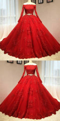 Red Tulle Long Sleeve Quinceanera Dresses Lace Appliques Puffy Tulle Ball Gown Prom Dresss Party Dress