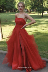 Red Tulle Strapless A-line With Slit Charming Cheap Prom Dresses, CP1010
