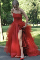 Red Tulle Strapless A-line With Slit Charming Cheap Prom Dresses, CP1010