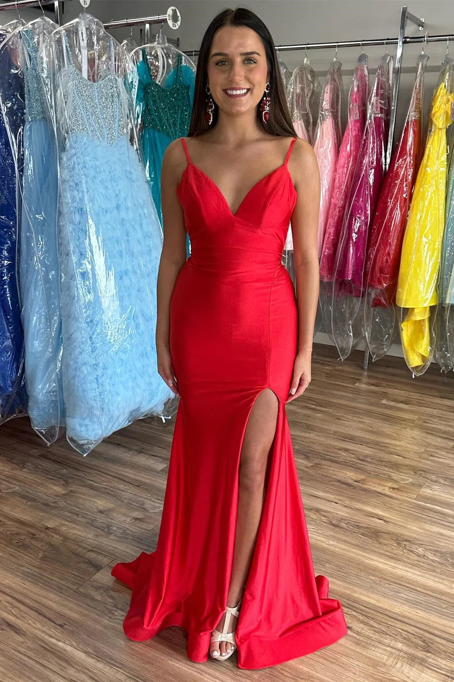 Red V-Neck Open Back Mermaid Long Prom Dress with Slit TP1233