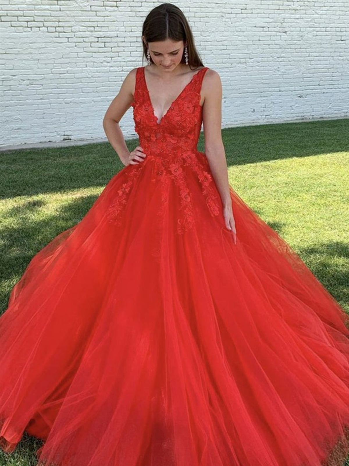 Red V Neck Beaded Lace Prom Dresses, Red V Neck Beaded Lace Formal Evening Dresses