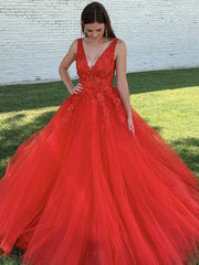 Red V Neck Beaded Lace Prom Dresses, Red V Neck Beaded Lace Formal Evening Dresses