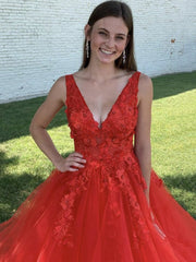 Red V Neck Beaded Lace Prom Dresses, Red V Neck Beaded Lace Formal Evening Dresses