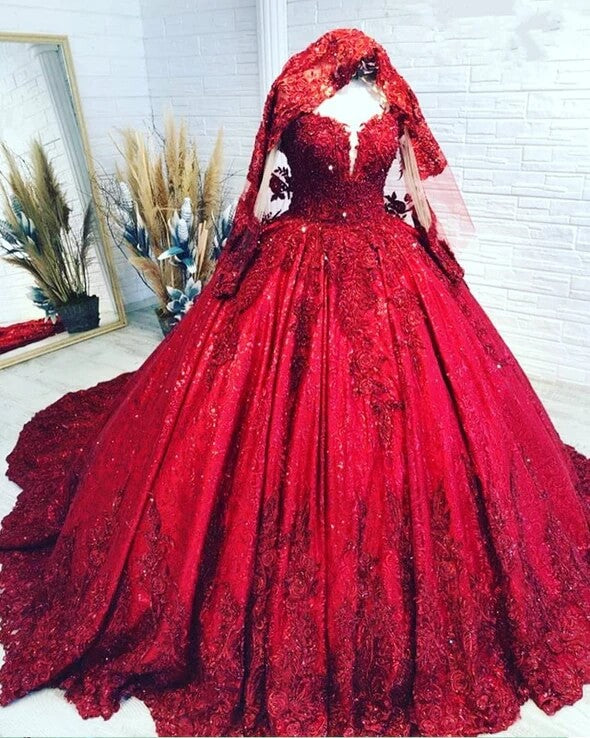 Ball Gown Long Sleeves Sequins Lace Red Wedding Dresses Gliter Quinceanera Dress