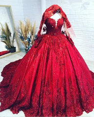 Ball Gown Long Sleeves Sequins Lace Red Wedding Dresses Gliter Quinceanera Dress