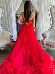 Red Yellow White Ruffle Long Lace Prom Dresses, Ruffle Long Lace Formal Evening Dresses