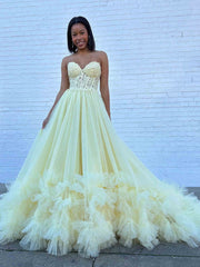 Red Yellow White Ruffle Long Lace Prom Dresses, Ruffle Long Lace Formal Evening Dresses