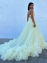 Red Yellow White Ruffle Long Lace Prom Dresses, Ruffle Long Lace Formal Evening Dresses