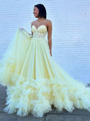 Red Yellow White Ruffle Long Lace Prom Dresses, Ruffle Long Lace Formal Evening Dresses