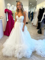 Red Yellow White Ruffle Long Lace Prom Dresses, Ruffle Long Lace Formal Evening Dresses