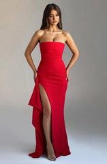 Sexy Navy A-line Off The Shoulder Ruffled Front Slit Long Formal Prom Dress
