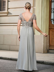 Lace Short Sleeve Empire Floor-length Maxi Dress Silver