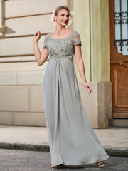 Lace Short Sleeve Empire Floor-length Maxi Dress Silver