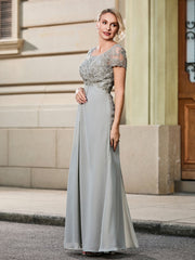 Lace Short Sleeve Empire Floor-length Maxi Dress Silver