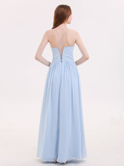 Illusion Neck Lace and Chiffon Maxi Gowns-Sky Blue