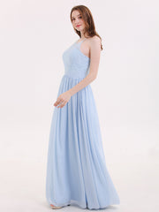 Illusion Neck Lace and Chiffon Maxi Gowns-Sky Blue