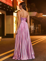 A-line  Strapless Pleated Maxi Dress Lilac