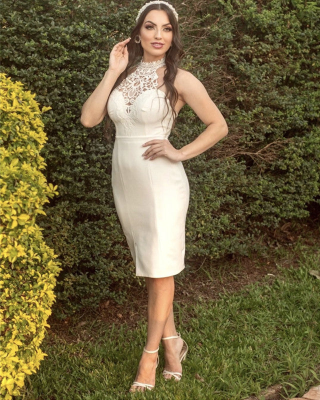 Retro Knee Length Wedding Satin Dress Lace Halter