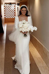 Retro Satin Long Sleeves Sweep Train Sheath Wedding Dress Bridal Gown TN284