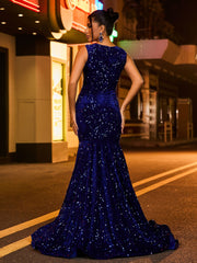 Illusion Mesh Rhinestones Sequins Mermaid Dress Royal Blue