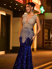 Illusion Mesh Rhinestones Sequins Mermaid Dress Royal Blue