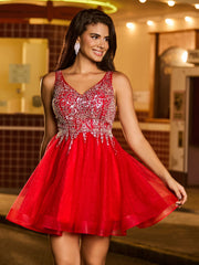 Glittering Tulle Lace-up Mini Dress with Beaded Red