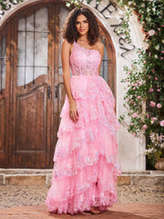A Line One Shoulder Sequined Tiered Dress Blushing Pink